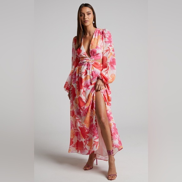Showpo. Dresses & Skirts - Showpo EMILEE MIDI DRESS Side Cut Out Long Sleeve Plunge Dress in Pink Floral 8